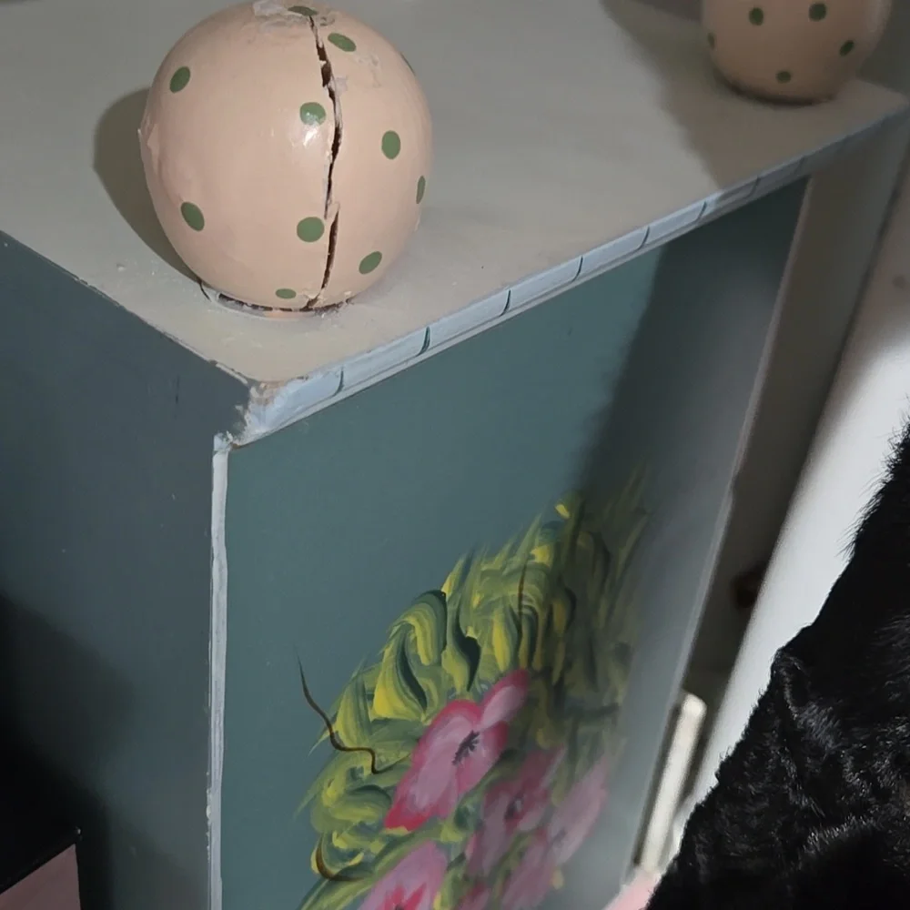 Hand painted jewelry chest blue, pink, yea, gold, peach